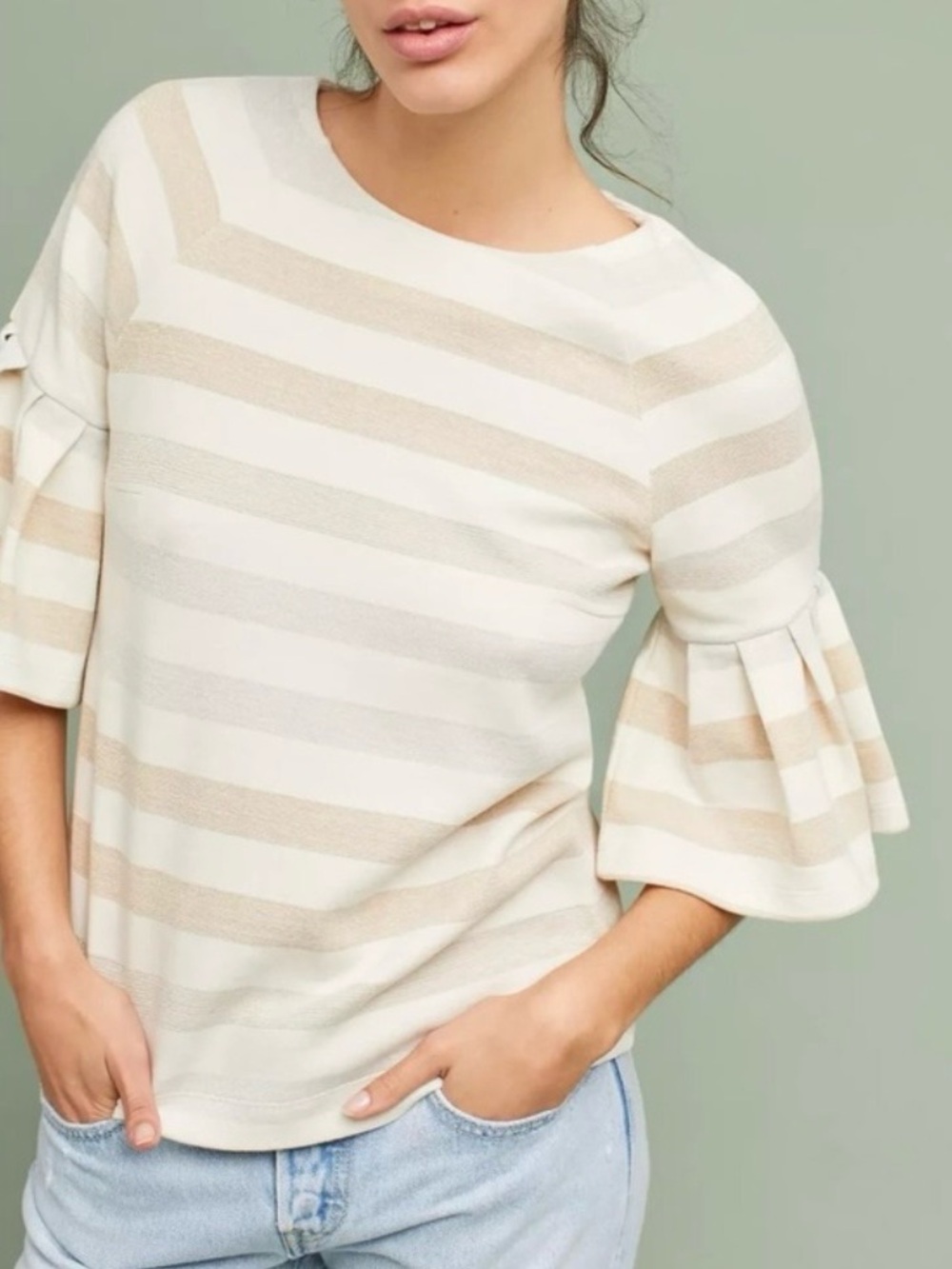 ANTHROPOLOGIE MAEVE Helsa Metallic Striped Bell Sleeves Top—SZ. Small